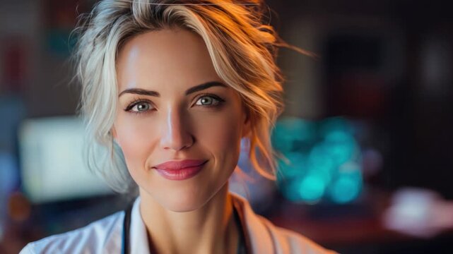 Portrait of a Kind Healthcare Professional: A close-up shot of a kind healthcare professional with soft blonde hair and a gentle smile, exuding warmth and approachability.