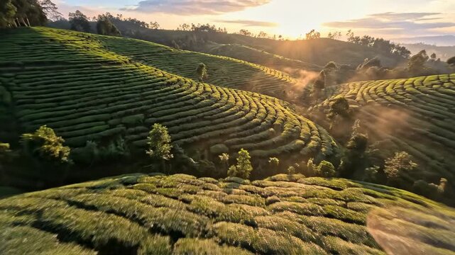 Stunning aerial view of a vibrant tea plantation during sunrise, a breathtaking landscape.