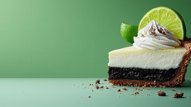 Slice Of Key Lime Pie With Whipped Cream And Lime Garnish On A Green Background With Scattered Crumbs And A Chocolate Crust