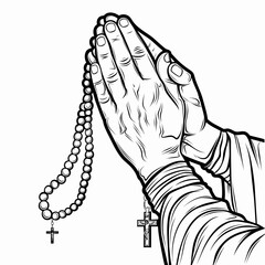 Hands in prayer holding rosary with cross symbol isolated on white