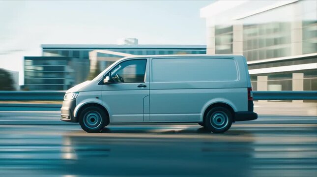 White van drives on urban street during daylight in busy city environment