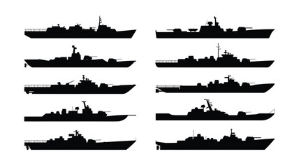 Military ship silhouettes bundle naval vessels warships side view black icons transportation fleet navy vector graphics © Soma