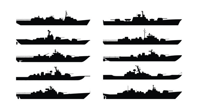 Military ship silhouettes bundle naval vessels warships side view black icons transportation fleet navy vector graphics