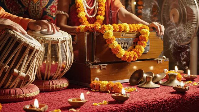 Indian Musicians Playing Tabla and Harmonium With Marigold Garlands and Diyas