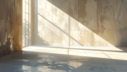 An empty room with bright, natural light streaming through a large window, creating striking shadows on the aged walls and tiled floor