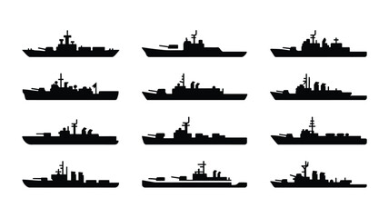Collection of various military ship silhouettes in black on white background for design and naval concepts © Soma