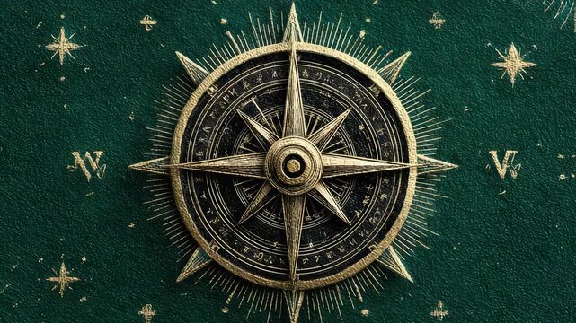 Intricate Antique Brass Compass Rose on Dark Green Parchment Background - Navigation, Cartography, and Historical Exploration Theme.