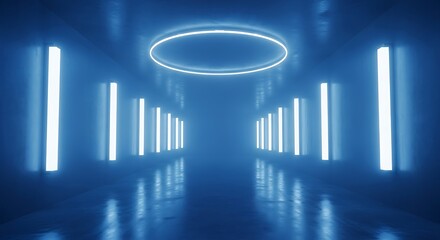 Illuminated corridor with neon lights, emitting a cool, futuristic blue glow
