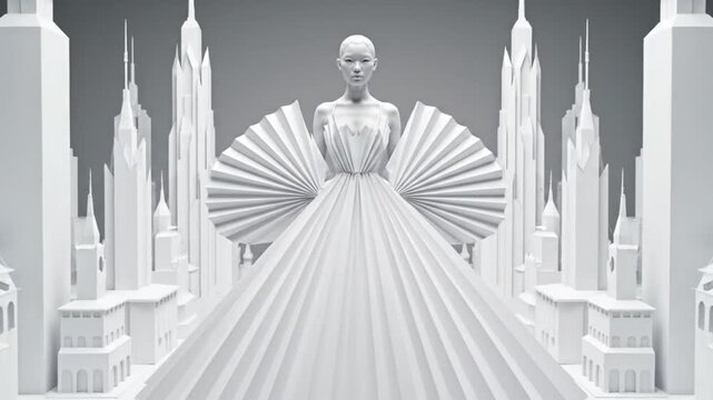 3D animated bald model in white pleated gown with fan shoulders in minimalist cityscape. Surreal high fashion concept art slow zoom.