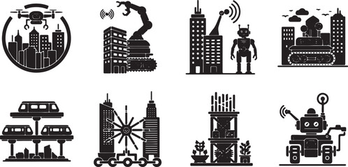 Fototapeta premium Smart City Technology Icon Set with Drones, Robots, and Automated Systems in Urban Landscape Flat Design