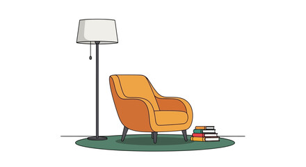 Fototapeta premium Cozy reading nook with an armchair, floor lamp, and books.