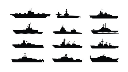 Collection of various military ship silhouettes on white background naval fleet icons © Soma