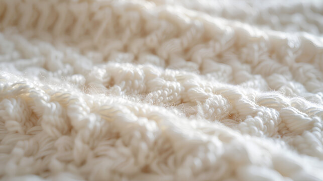 Extreme close-up of ivory white knitted wool texture with soft organic fiber details