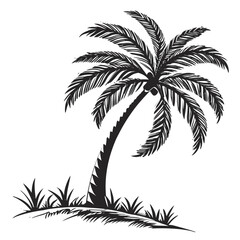 Obraz premium Tropical island landscape featuring a palm tree silhouette vector illustration with exotic coconut leaves against a summer beach sunset