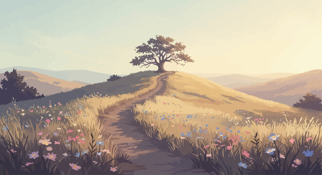 Lone oak tree on a hill with a winding path through a wildflower meadow landscape illustration