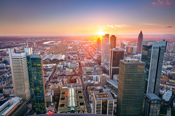 Frankfurt am Main, Germany. Aerial cityscape image of Frankfurt am Main skyline during beautiful sunset.