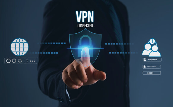VPN connection security interface with businessman activating encrypted network access protecting online privacy secure login authentication and corporate cybersecurity data protection.