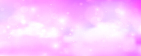 Dreamy pastel pink sky with glitter sparkles and soft clouds creates a magical backdrop. Cute unicorn-themed background with bokeh stars and princess fantasy elements. © Narin