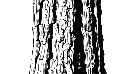 A striking black and white image depicts the textured bark of a tall tree against a plain white background silhouette © Nupur02