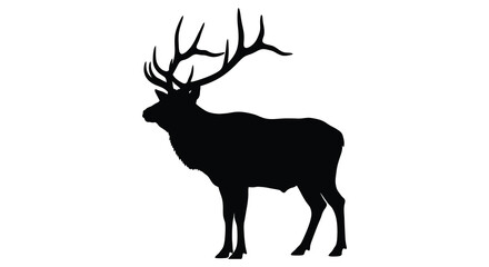 A striking black silhouette of a majestic elk with large antlers stands prominently against a white background silhouette © Nupur02
