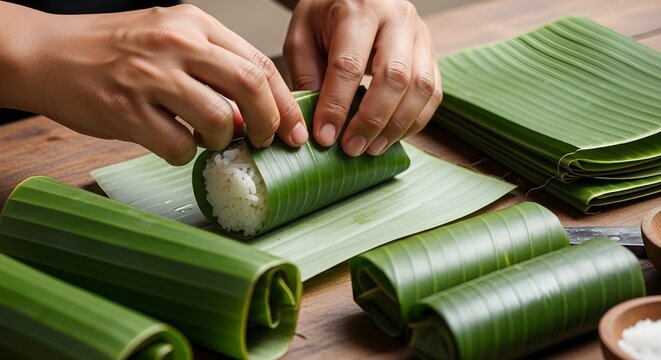 Close-up of hands expertly wrapping white sticky rice in vibrant green banana leaves, creating traditional Asian steamed parcels on a wooden table.