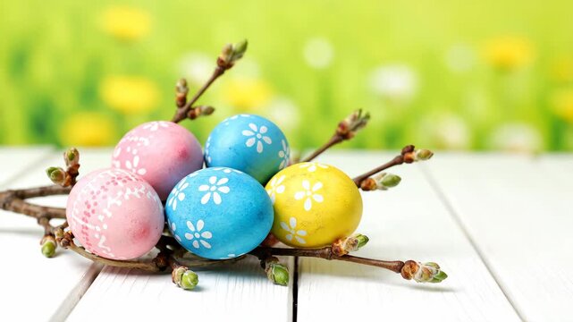 Colorful painted easter eggs with floral patterns nestled in budding spring branches. Festive holiday composition for a traditional celebration with a blurred green meadow background