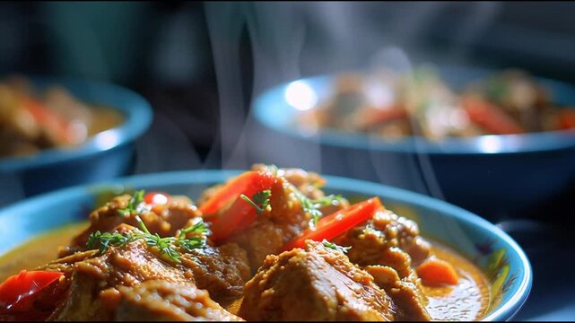 A steaming bowl of savory curry with meat, peppers, and herbs, presented in a vibrant blue bowl on a dark surface.