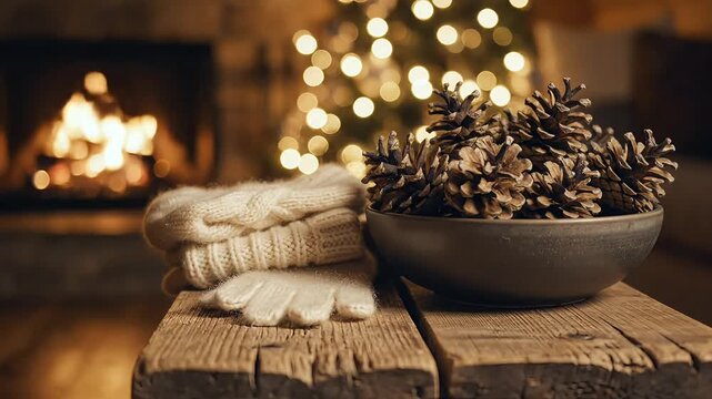 Cozy winter home with fireplace christmas tree and warm lighting featuring a bowl of pinecones and knitted mittens on a rustic wooden table