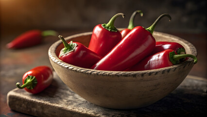 Bowl of Fresh Red Chili Peppers on Rustic Surface