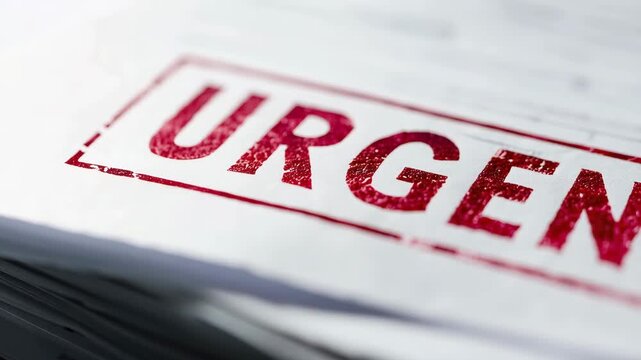Documents marked urgent sit on a desk with papers stacked underneath in an office setting