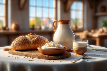 Rustic Still Life of Farmhouse Dairy and Artisan Loaf