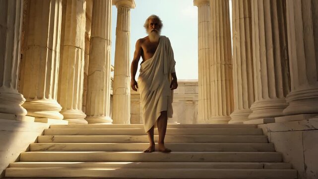 Ancient Greek Philosopher Walking Stone Staircase, Pensive Expression, Classical Architecture, Historical Portrait, Dramatic Lighting.