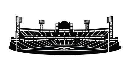 A striking black and white illustration depicts a baseball stadium with detailed architecture presented as a silhouette high quality © Nupur02