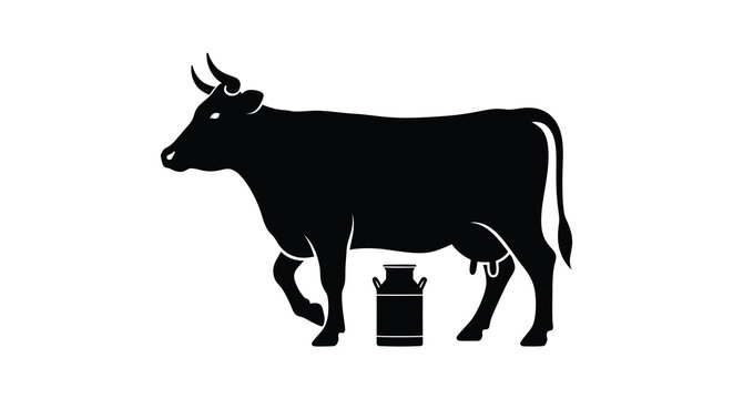 A striking black silhouette depicts a cow standing beside a milk pail in a simple composition silhouette high quality professional detailed