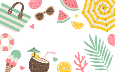 Colorful beach summer vacation elements on white background