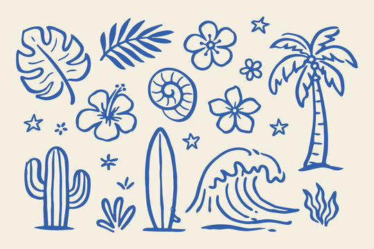 Tropical beach doodle elements set vector illustration