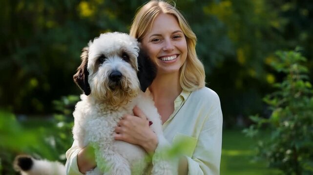 Happy blonde woman cradling a cute labradoodle puppy outside in a garden on a sunny summer day