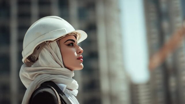 Architectural Visionary: A determined woman, clad in a protective hard hat, gazes confidently towards the towering skyscrapers that surround her, embodying the spirit of ambition and innovation.