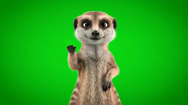 Friendly 3D meerkat waving and winking on green screen background