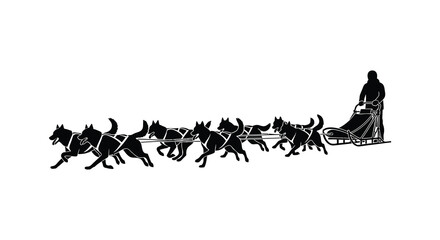 A striking black silhouette depicts a dog sled team in motion with a musher steering showcasing winter travel silhouette © Nupur02
