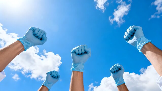 Medical professionals and healthcare workers unite their gloved fists in a powerful display of solidarity and strength under a clear blue sky