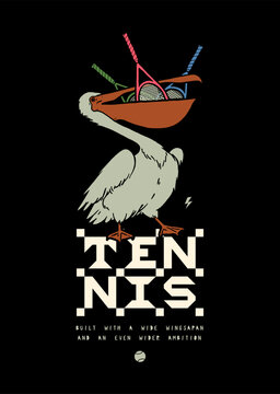 Tennis pelican with tennis rackets in the beak. Vintage typography tennis t-shirt print vector illustration.