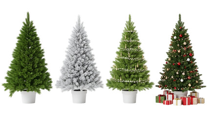 Fototapeta premium Four distinct christmas trees in various styles and colors isolated on transparent background