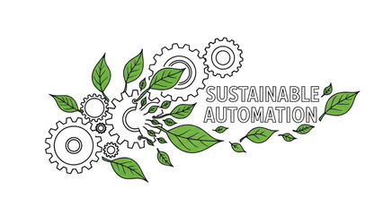 Black outline art of gears transforming into green leaves mid-motion, sustainable automation concept
