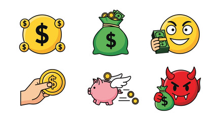 Cartoon Financial and Emotional Icons with Money, Isolated White Background