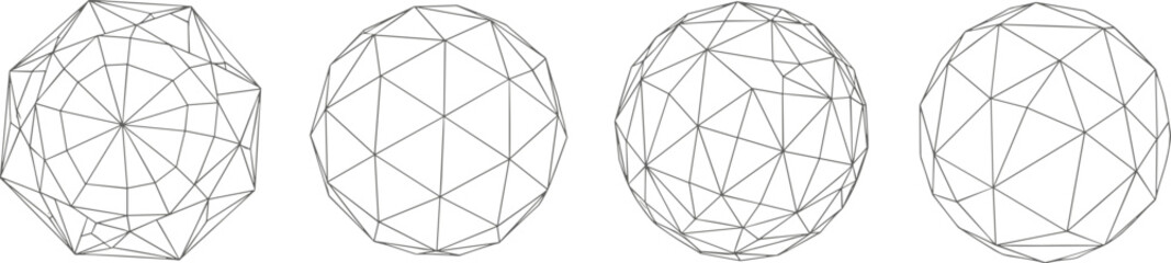 Set of four 3D wireframe spheres, polygonal geometric shapes vector illustrations, abstract digital network structure design elements isolated on white background for technology concept. © Taj