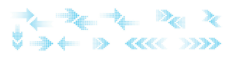 Halftone arrow vector set. Arrow icon. Arrow vector collection. Arrow. Cursor. gradient blue dotted direction symbols pointing to the right. Modern simple arrows. Vector arrow illustration © Godown of vector