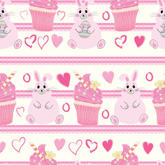 Fototapeta premium Adorable Easter seamless pattern with pastel rabbits, checkered stripes, heart shapes, and sweet cupcakes. Soft spring colors and playful charm make it perfect for fabric, wrapping paper, and decor.