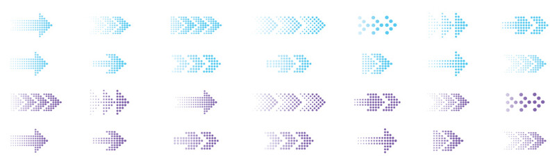 Halftone arrow vector set. Arrow icon. Arrow vector collection. Arrow. Cursor. gradient blue dotted direction symbols pointing to the right. Modern simple arrows. Vector arrow illustration © Godown of vector