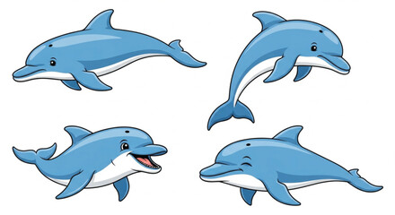 Obraz premium Cute cartoon dolphin vector set with playful marine animals in jumping and swimming poses for kids ocean illustrations